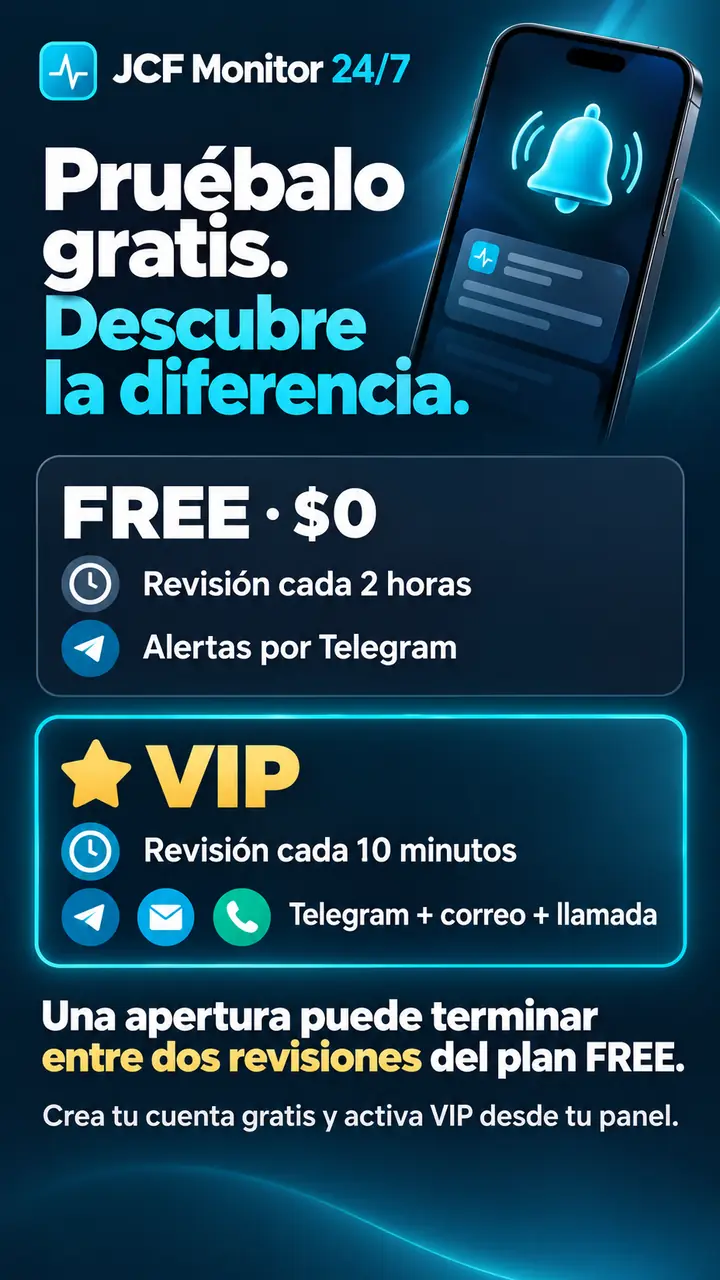 Pruébalo gratis y descubre la diferencia: plan Free revisa cada 2 horas por Telegram; VIP cada 10 minutos con Telegram, correo y llamada.