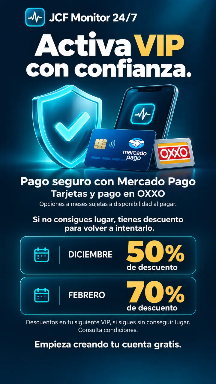 Activa VIP con confianza: pago seguro con Mercado Pago, tarjetas y OXXO, y descuentos si no consigues lugar.
